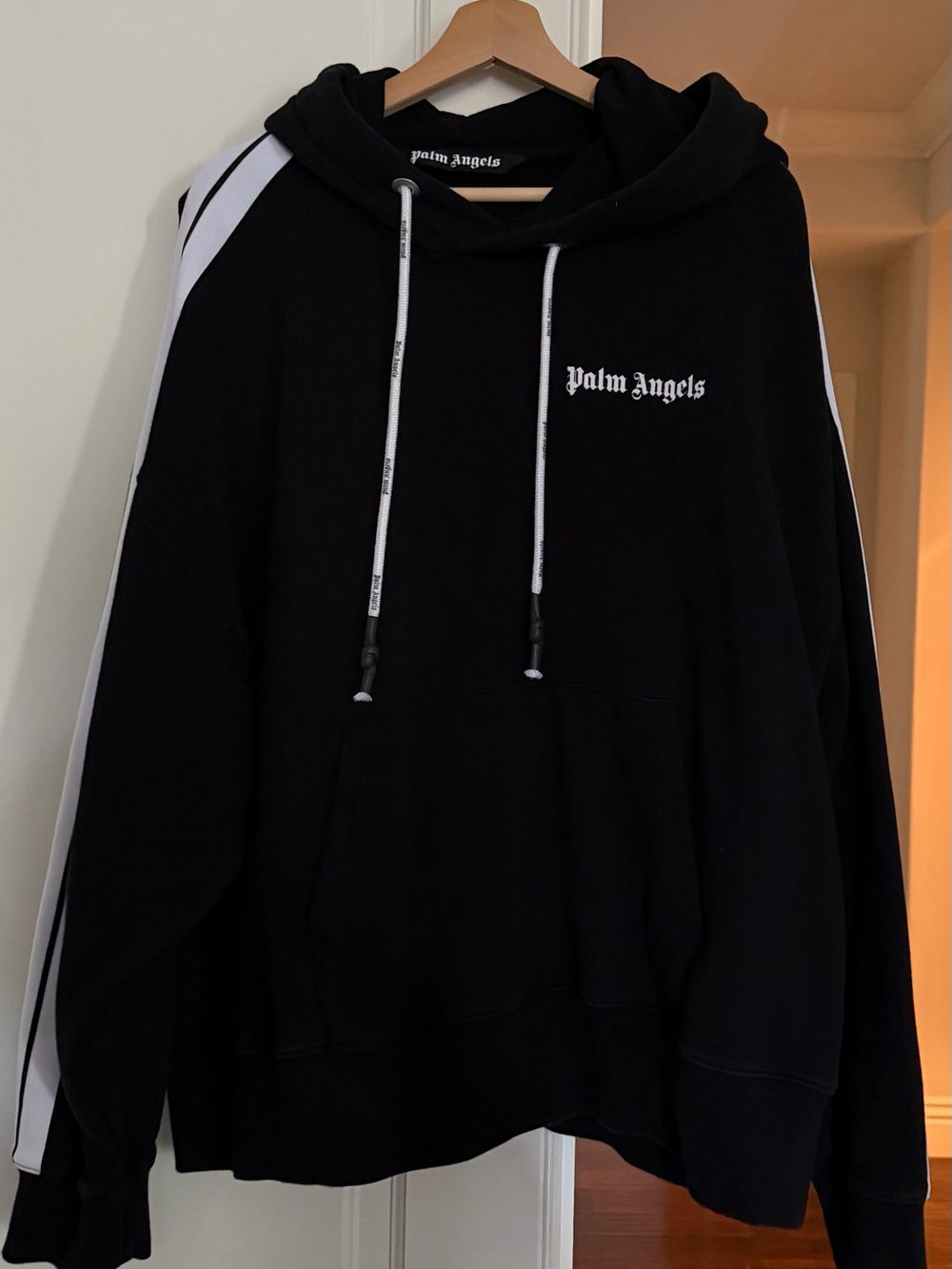 Palm Angels Black Hoodie with White Sleeve Stripes
